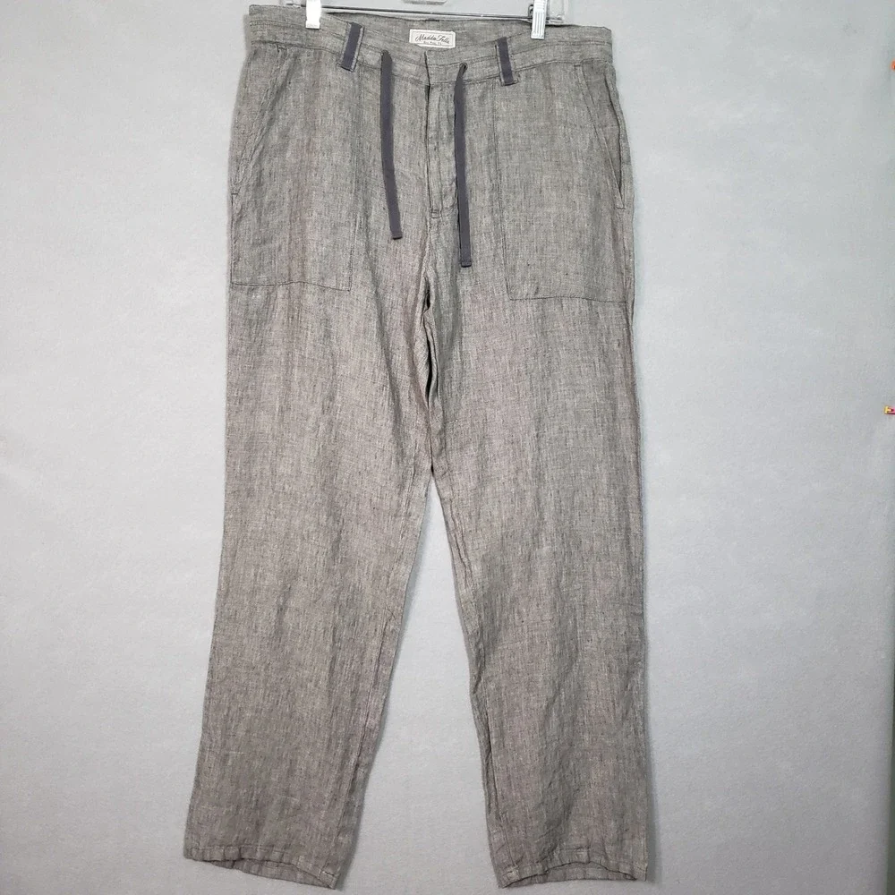Madda Fella Mens M Linen Pants Gray Drawstring Beach Casual Minimalist Coastal